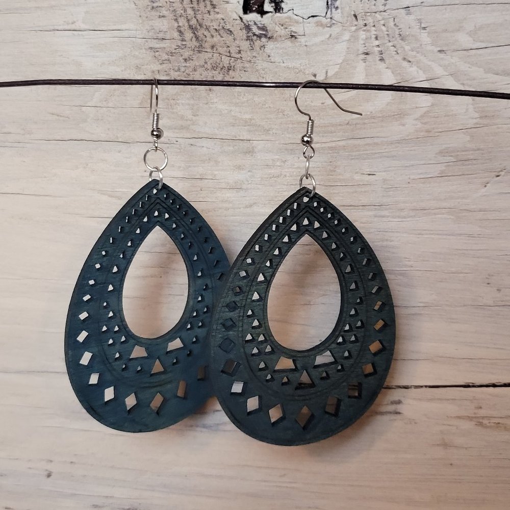 Wood Earrings - Teal Teardrop